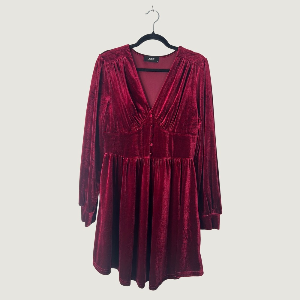 Cider Velvet Mini Dress Women Large Burgundy V-Neck Long Sleeve Empire Waist